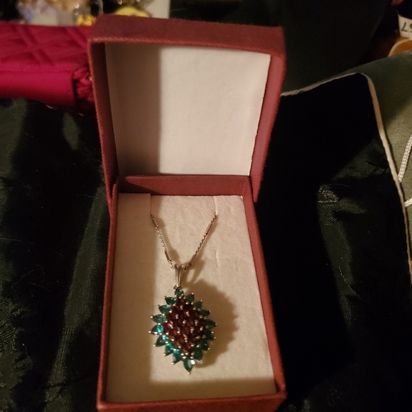 Genuine Chrome Diopside & Rhodolite Cluster Pendant in Sterling Silver - Picture 9 of 10